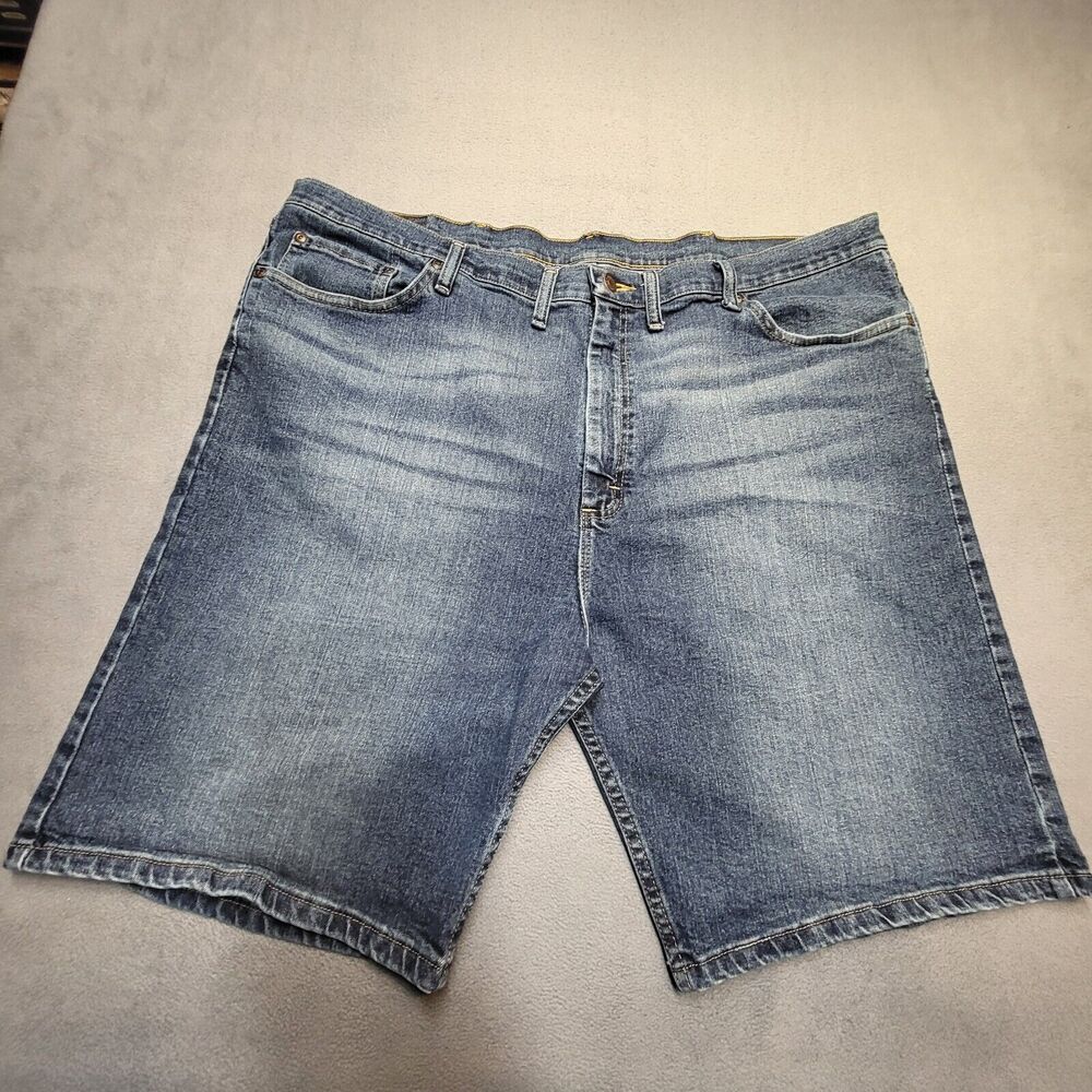 Wrangler Jean Shorts‎ Mens 44 Blue Regular Fit Jorts Dark Wash Distressed Denim